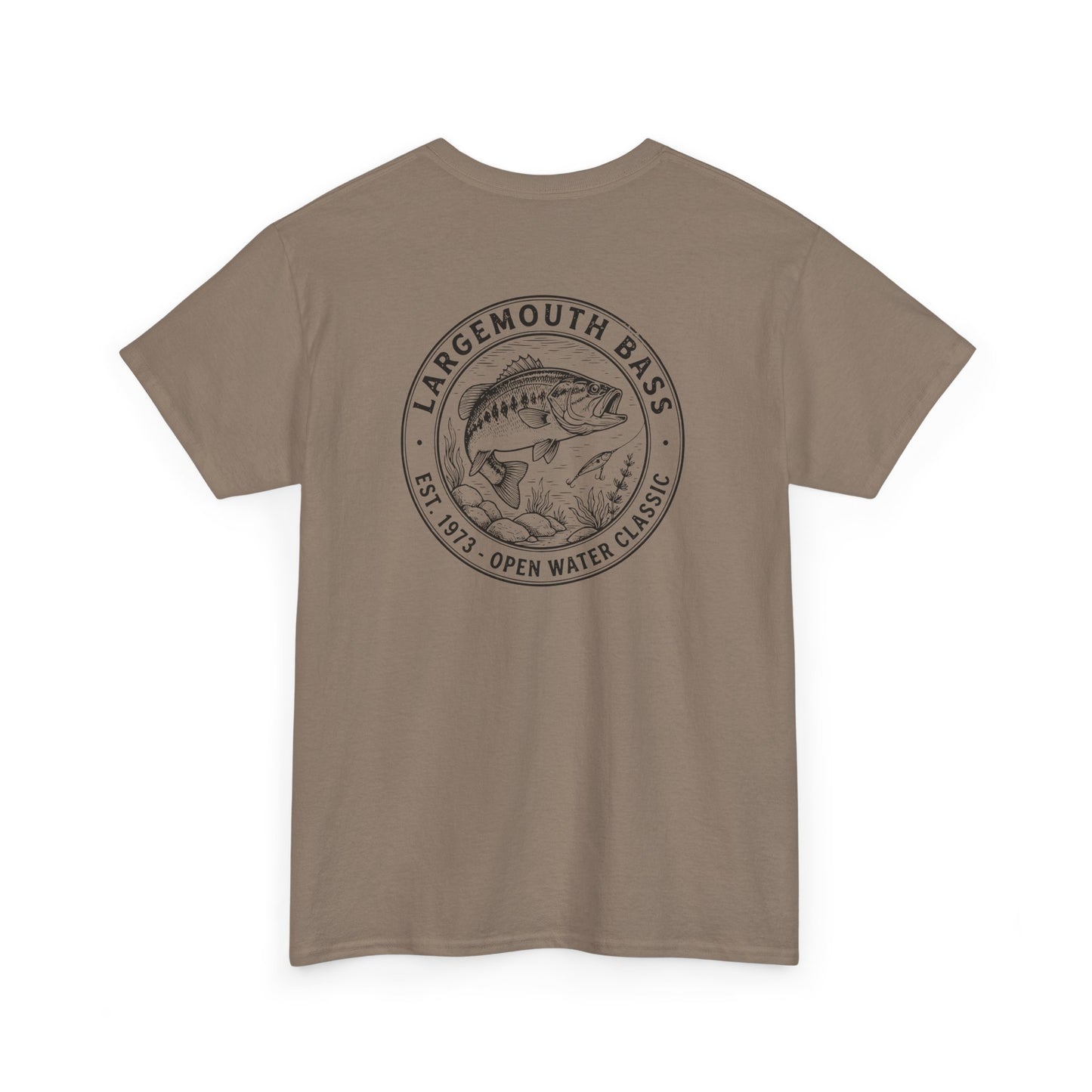 Brown t-shirt with largemouth bass graphic and text on a white background