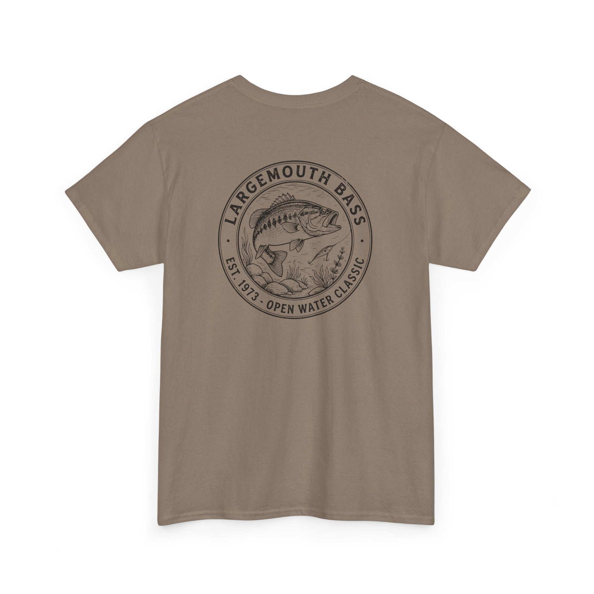 Brown t-shirt with largemouth bass graphic and text on a white background