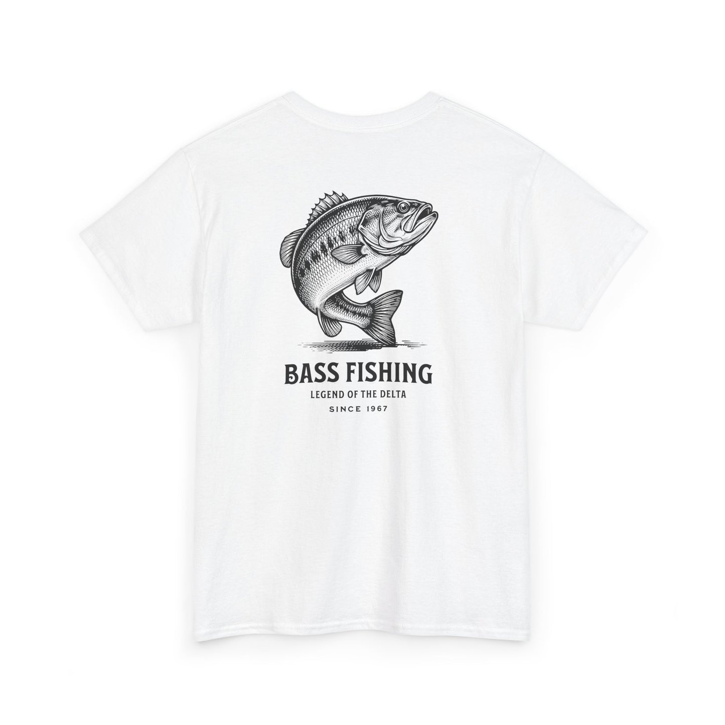 White t-shirt with large bass fishing graphic and text on a white background