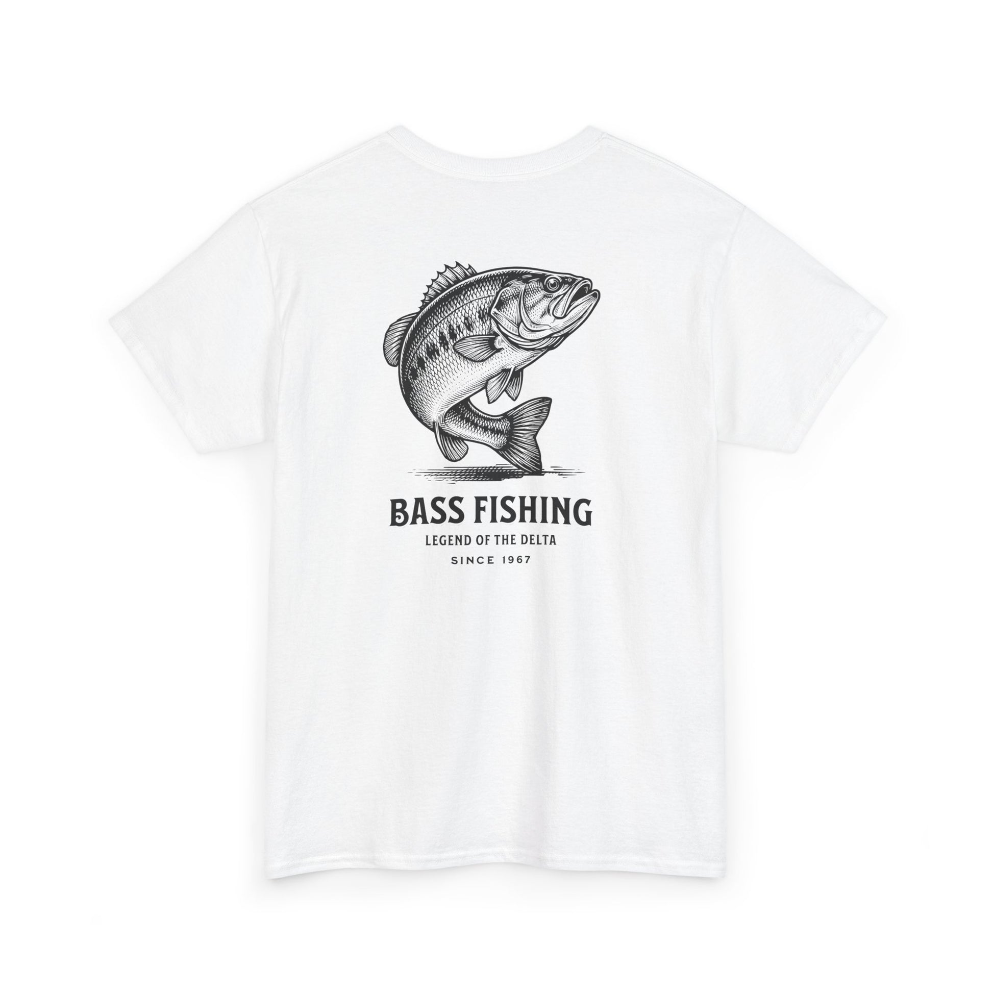 White t-shirt with large bass fishing graphic and text on a white background