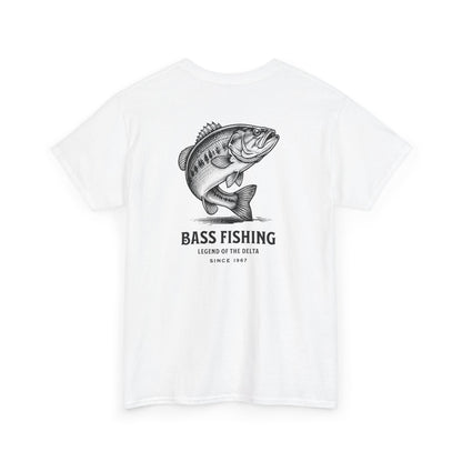 White t-shirt with large bass fishing graphic and text on a white background