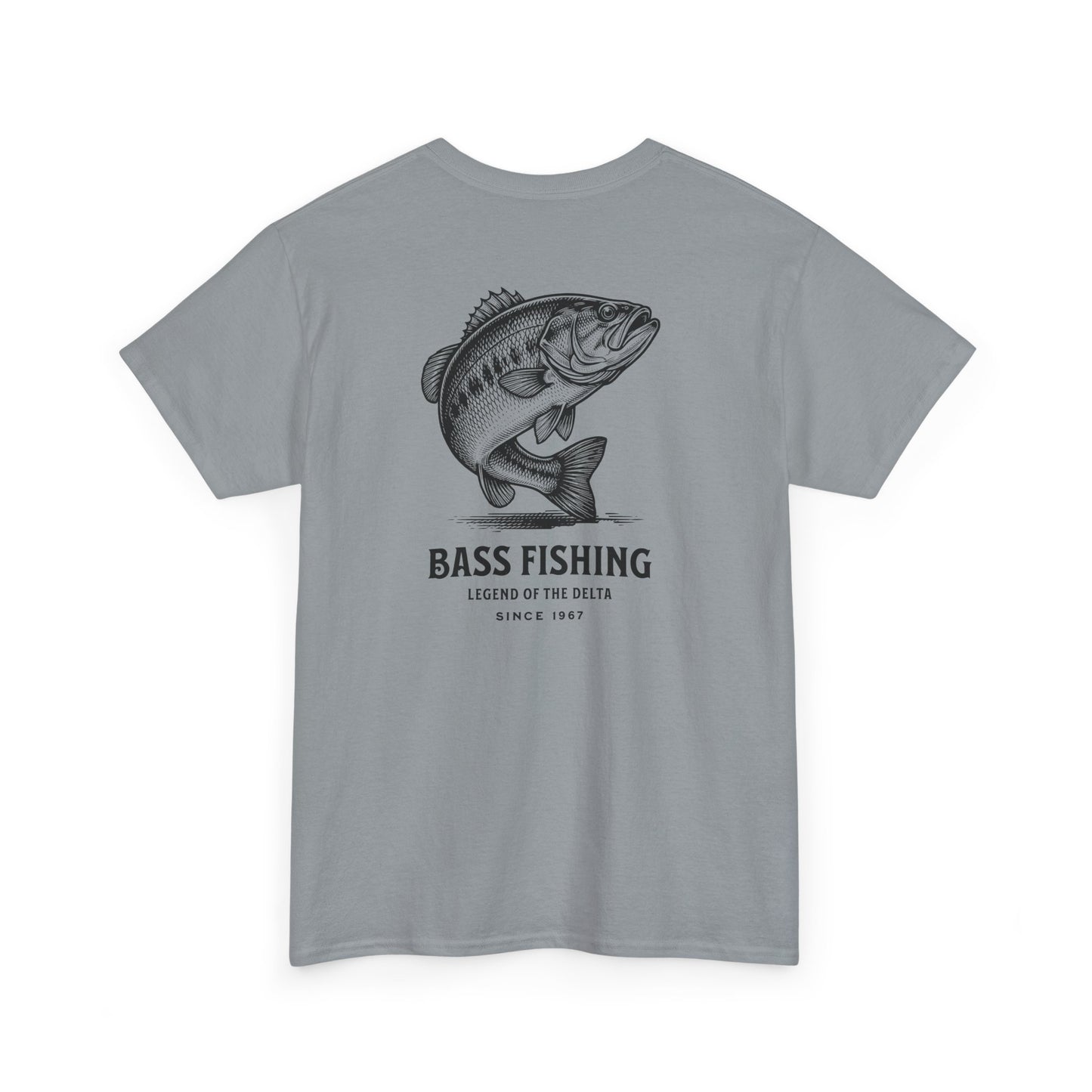 Gray t-shirt with bass fishing graphic and text on a white background