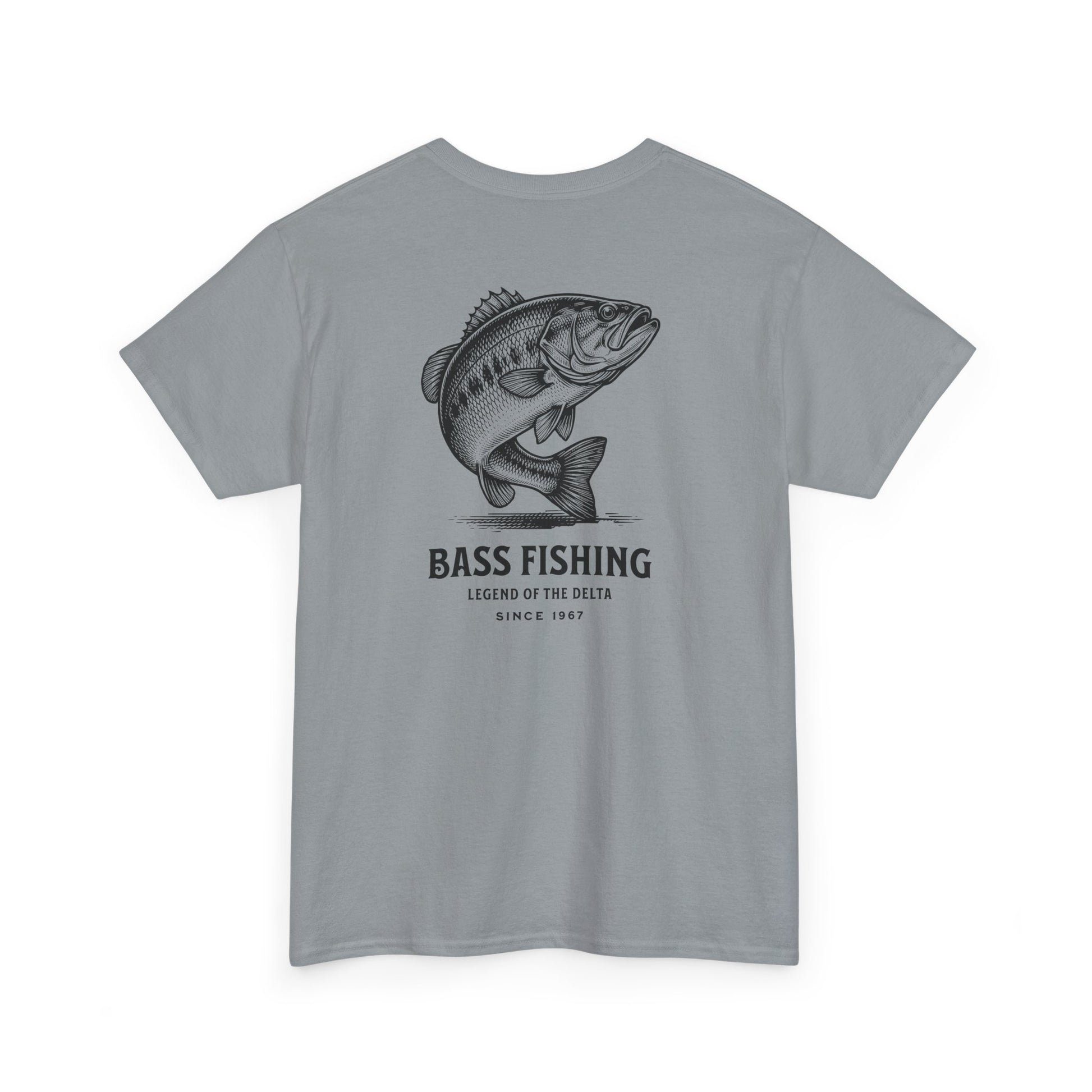 Gray t-shirt with bass fishing graphic and text on a white background