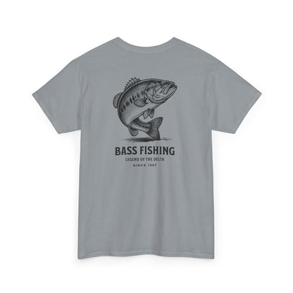 Gray t-shirt with bass fishing graphic and text on a white background
