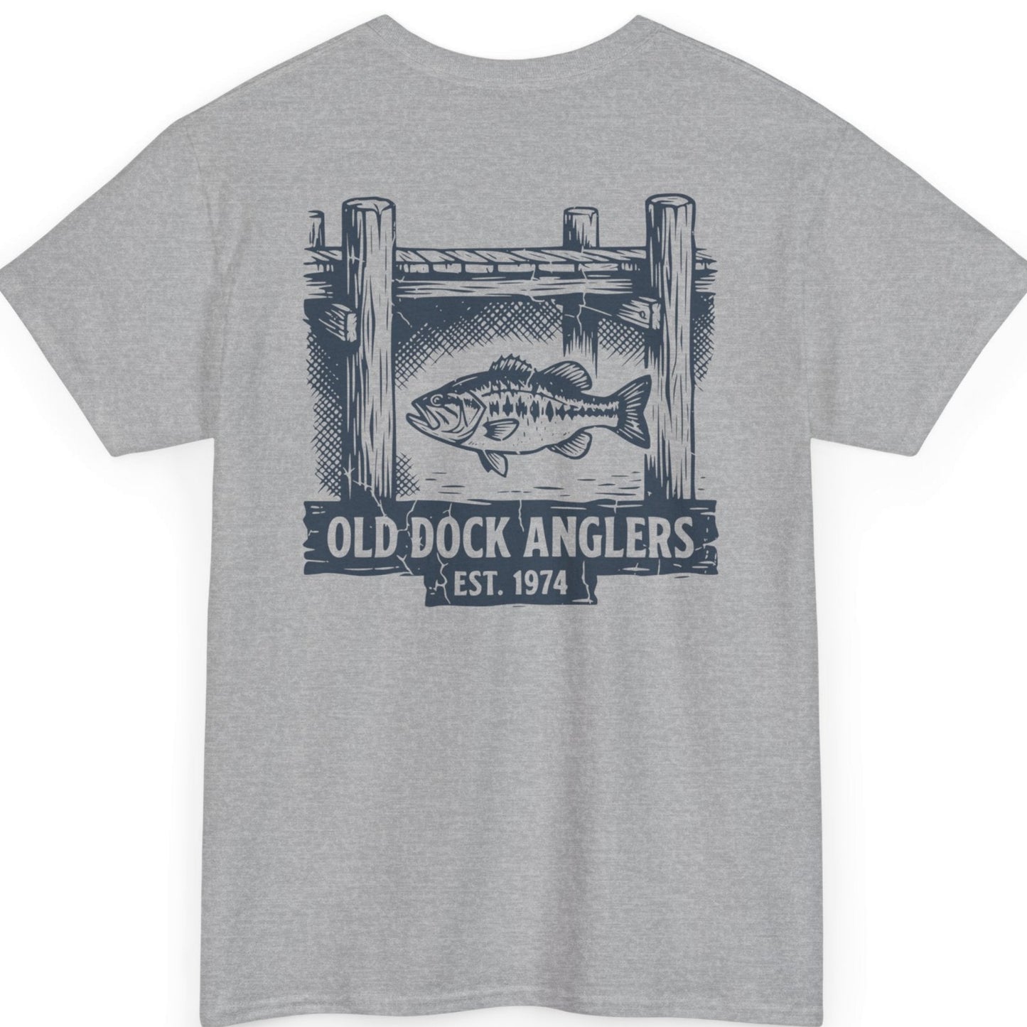 close-up of old dock anglers bass fishing graphic on grey shirt