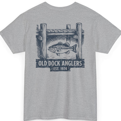 close-up of old dock anglers bass fishing graphic on grey shirt