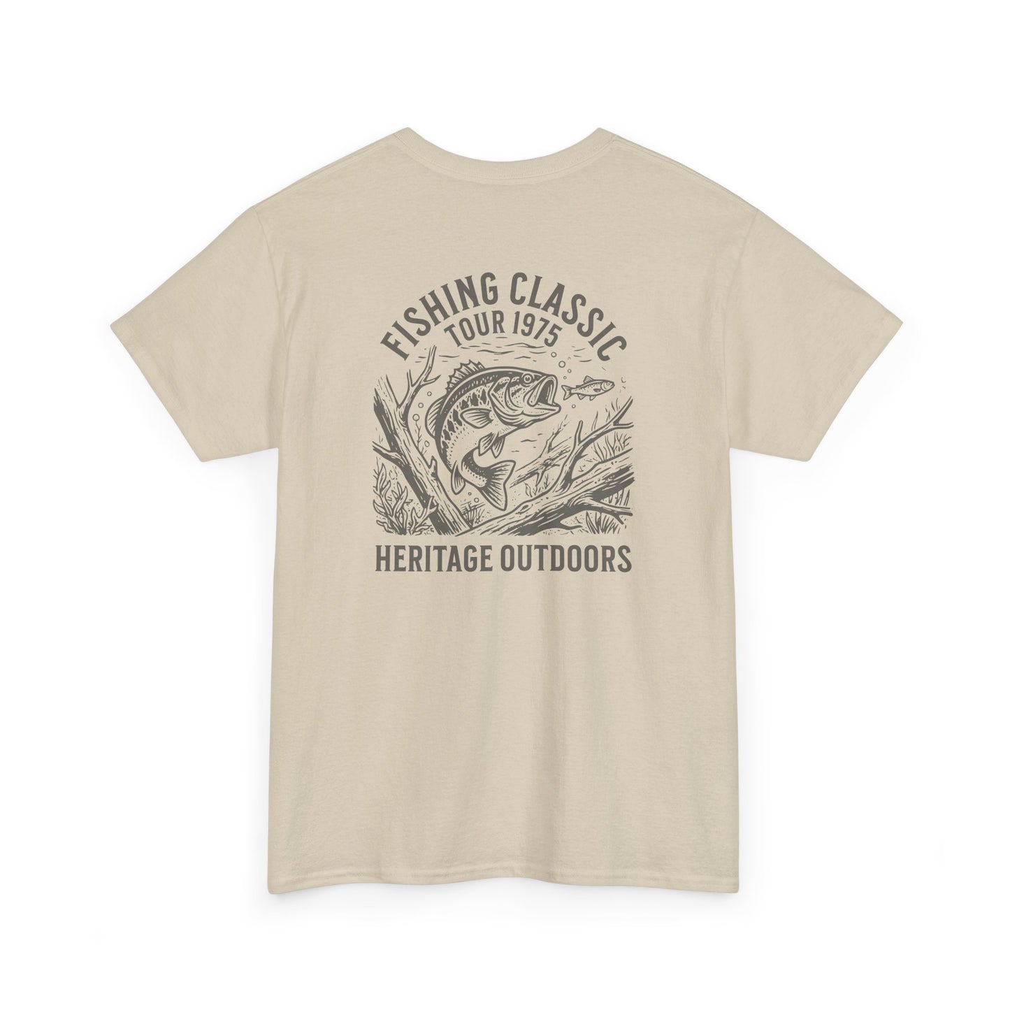 Beige t-shirt with largemouth fishing graphic and text on a white background