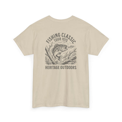 Beige t-shirt with largemouth fishing graphic and text on a white background