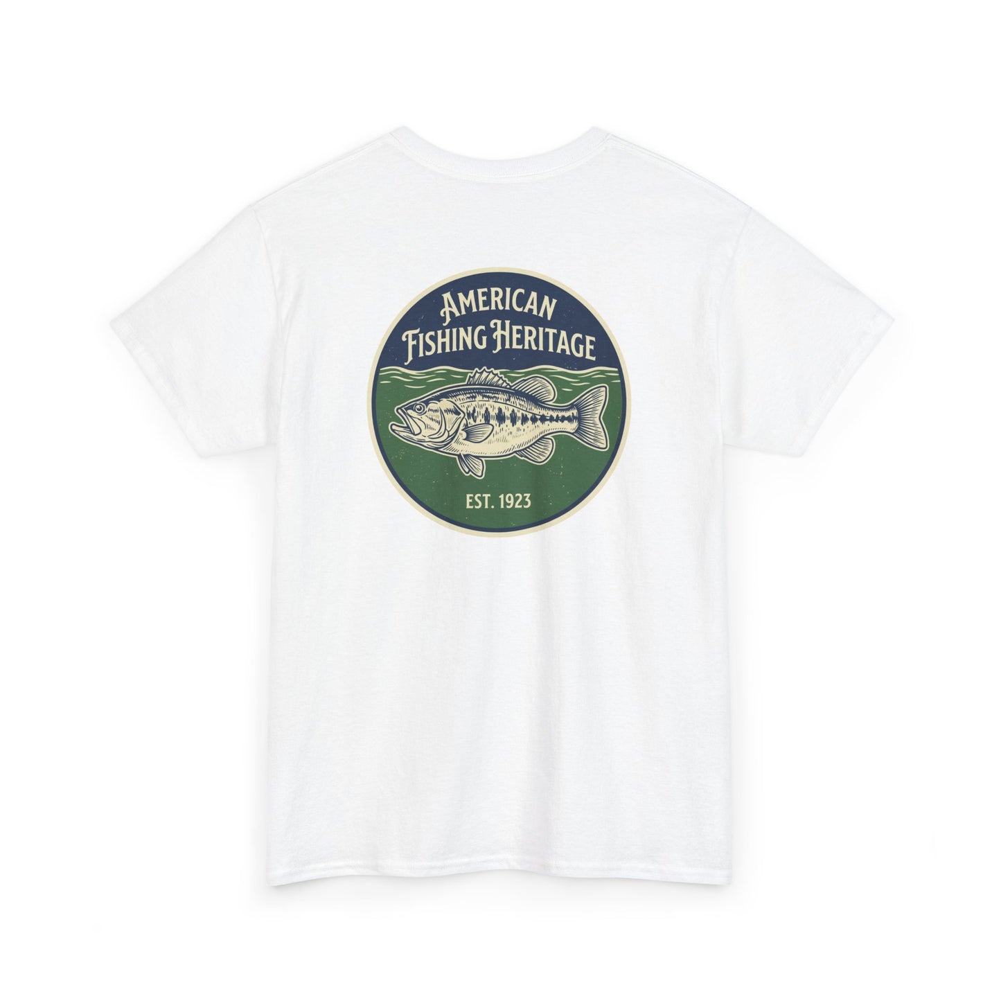 white bass fishing shirt back view with American heritage graphic
