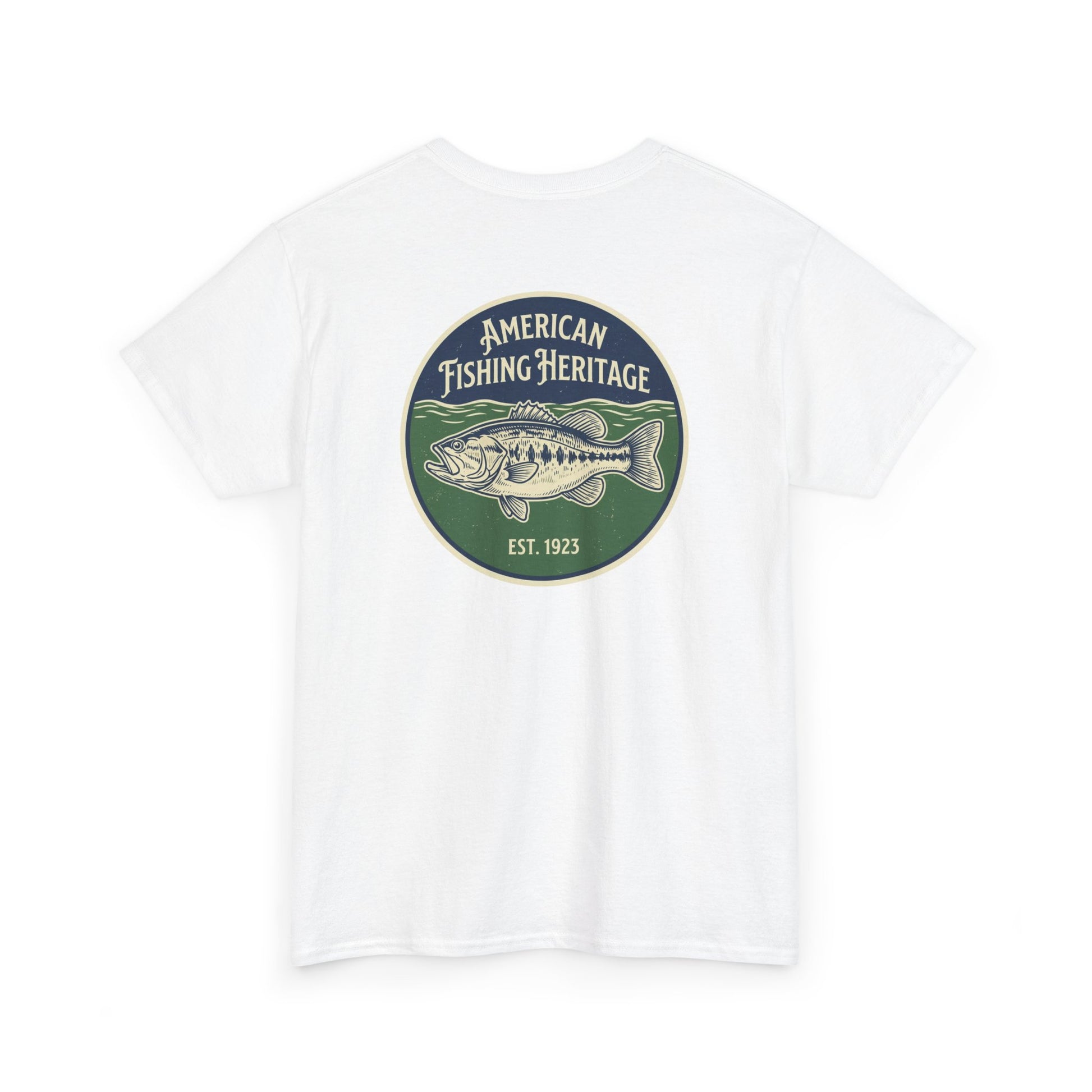 white bass fishing shirt back view with American heritage graphic