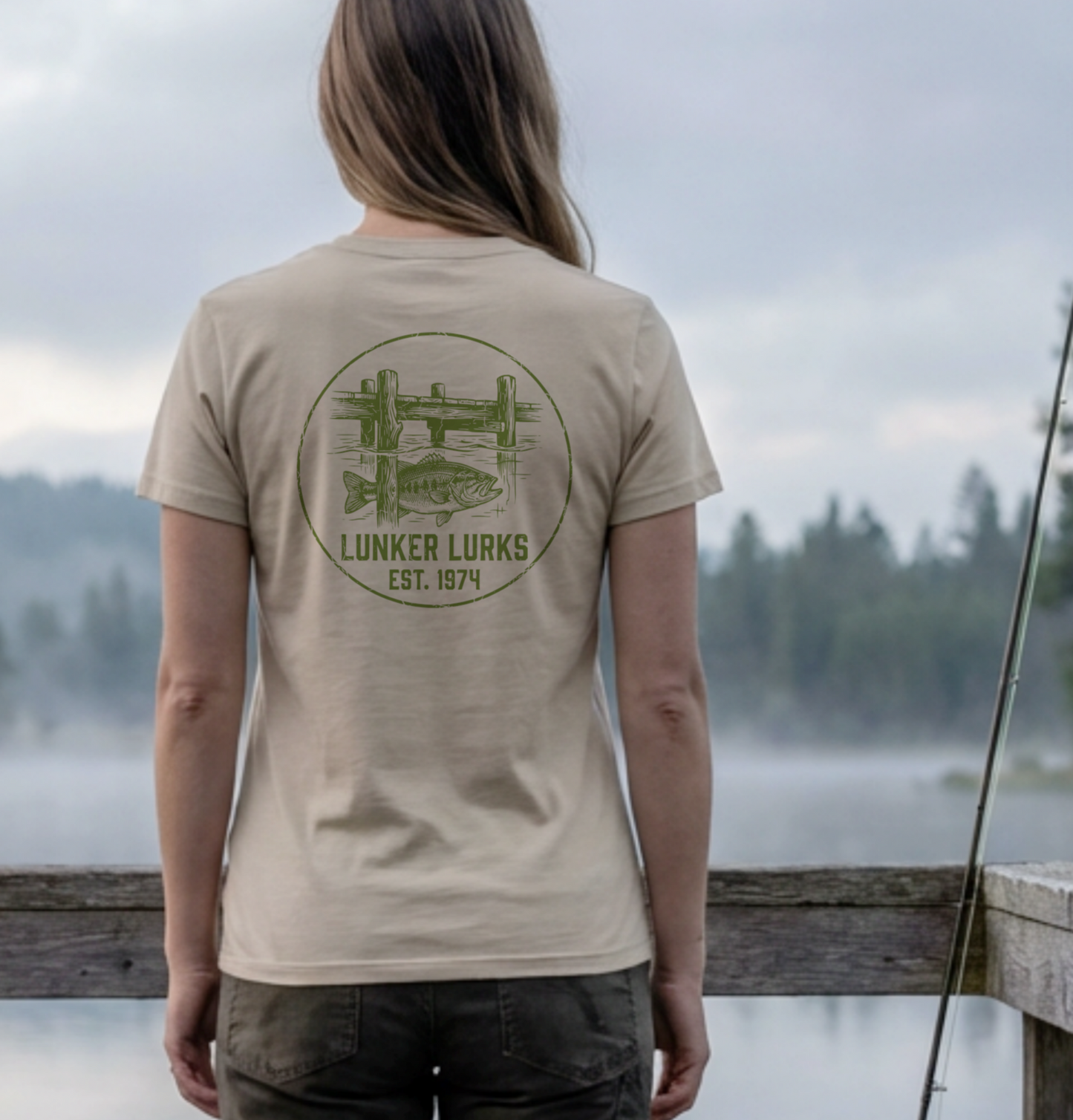 woman wearing bass fishing shirt in vintage colors and graphics
