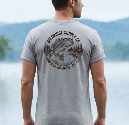 Man wearing a gray t-shirt with bass fishing 