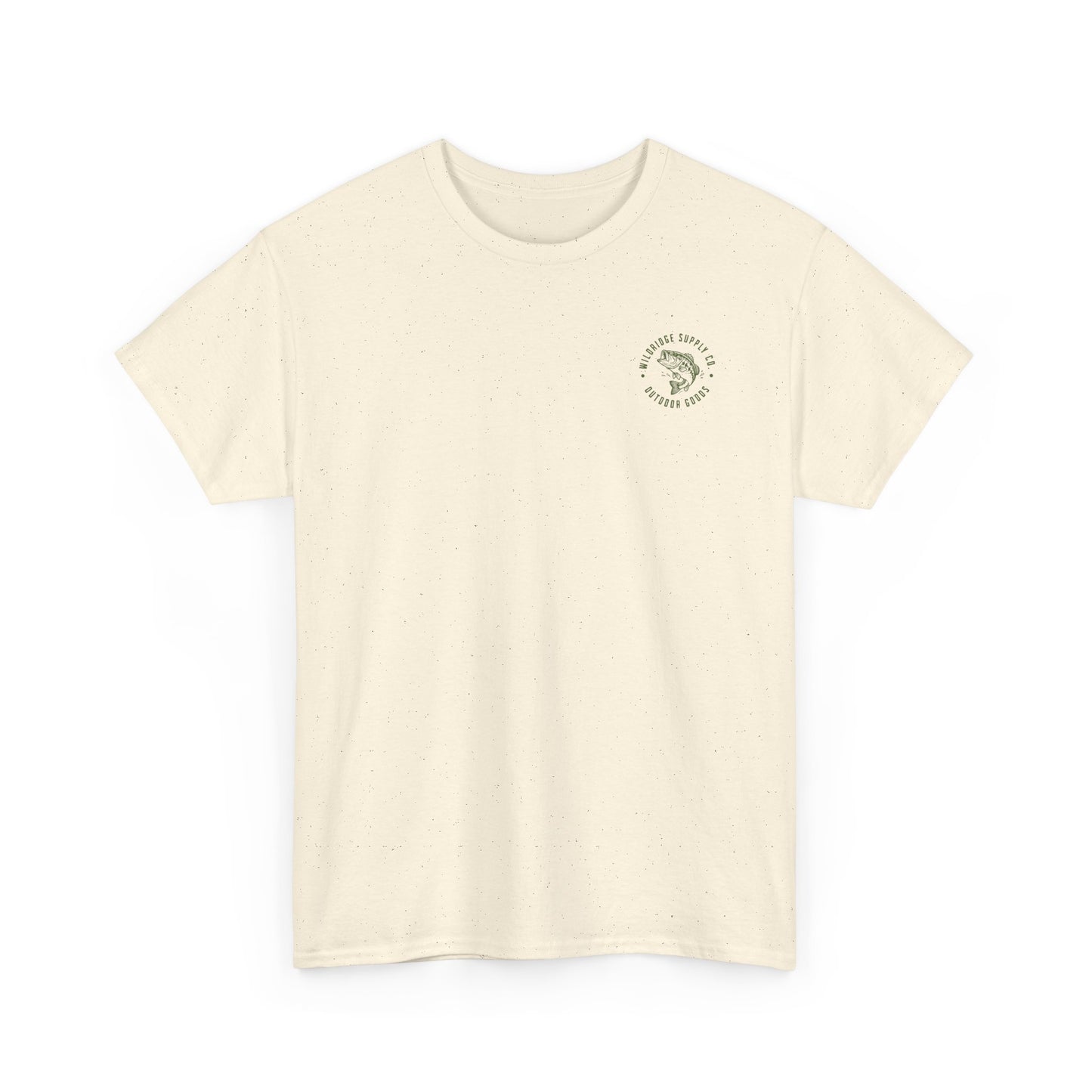 Beige t-shirt with a small logo on a white background