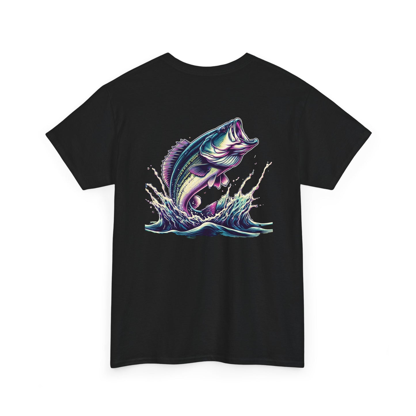 Black t-shirt with colorful graphic of a largemouth bass leaping out of water – fishing themed apparel