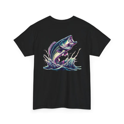 Black t-shirt with colorful graphic of a largemouth bass leaping out of water – fishing themed apparel