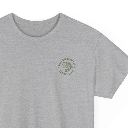 Gray t-shirt with a small logo on a white background