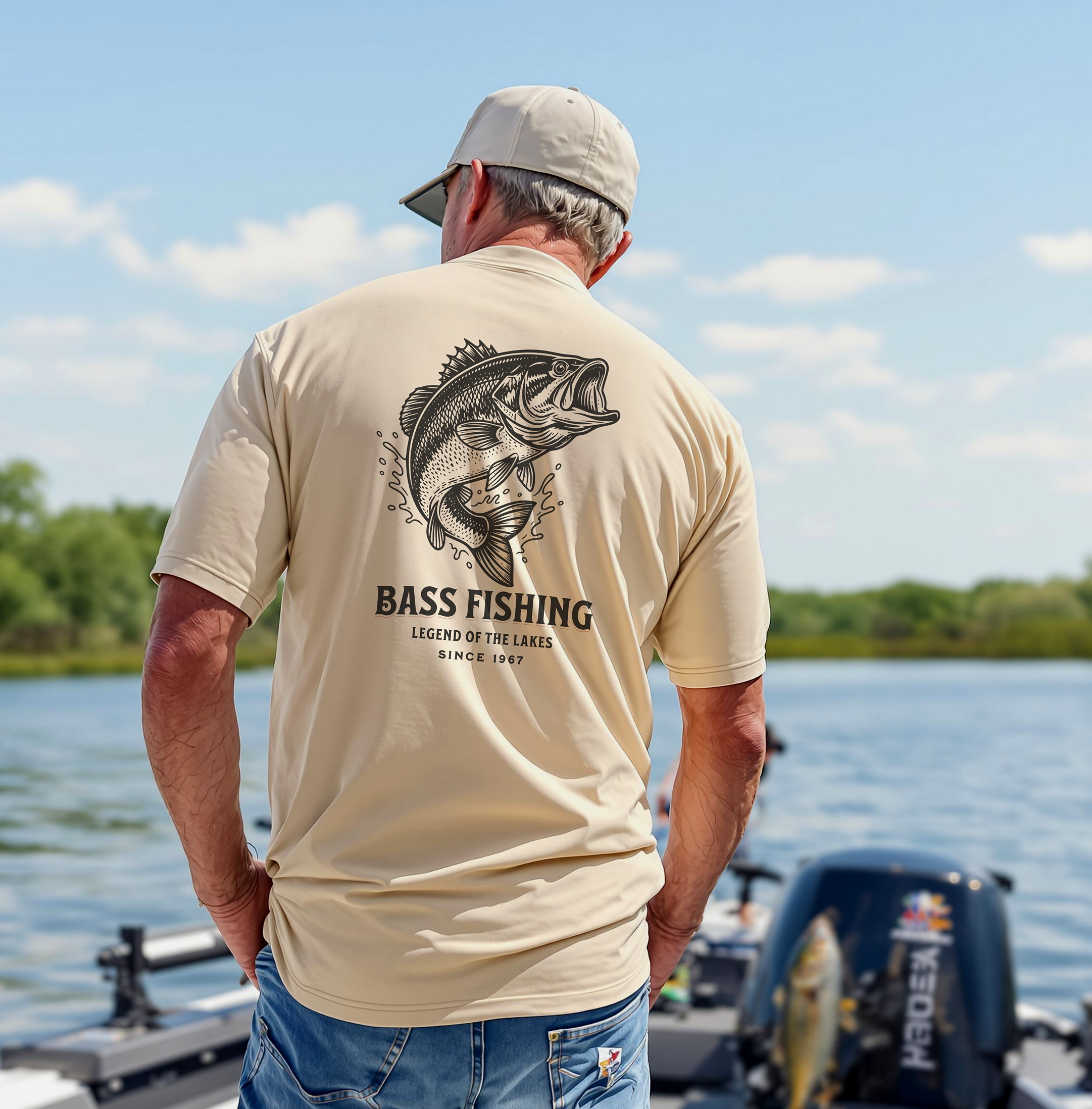 Bass fishing T-shirt sand color back