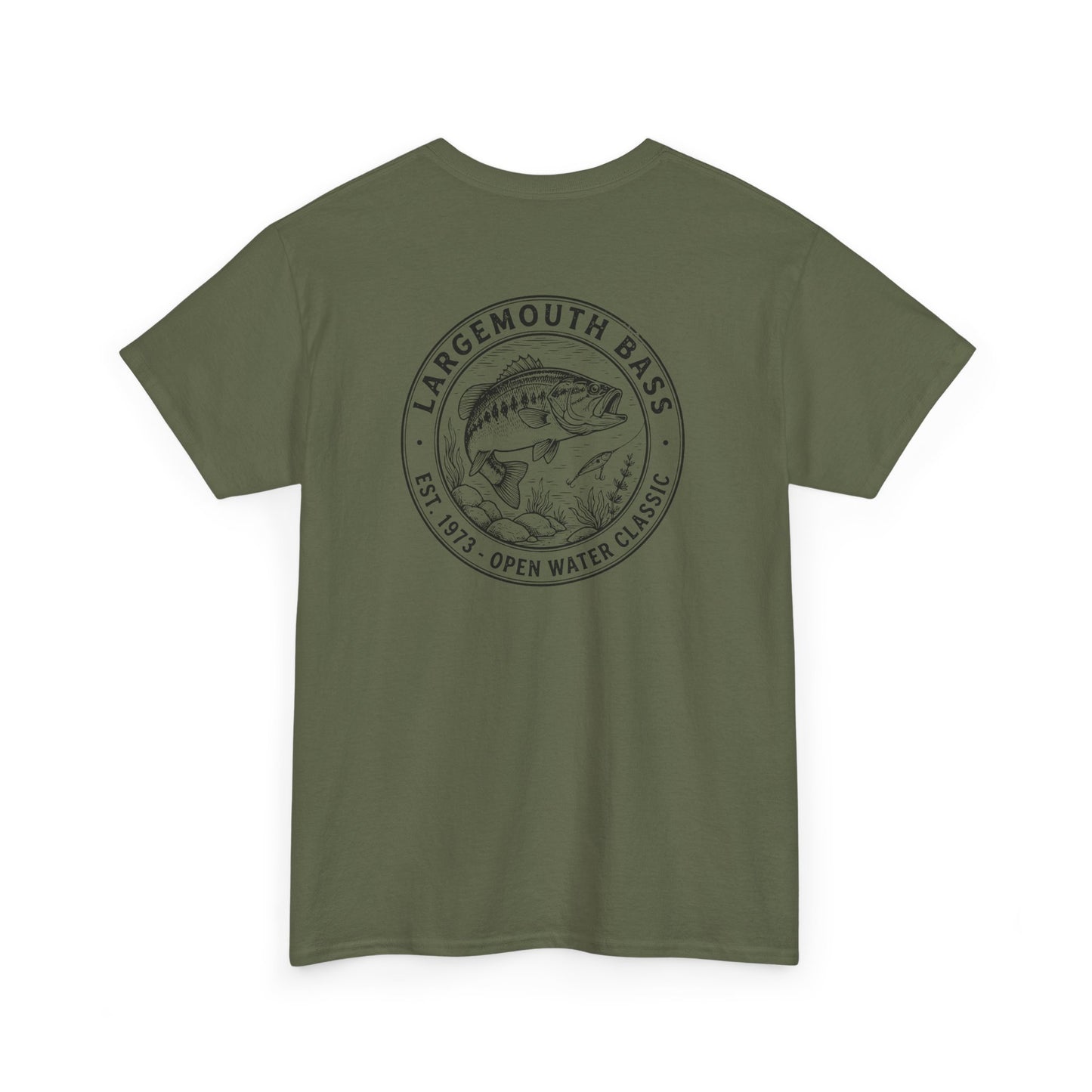 Green t-shirt with largemouth bass graphic and text on a white background