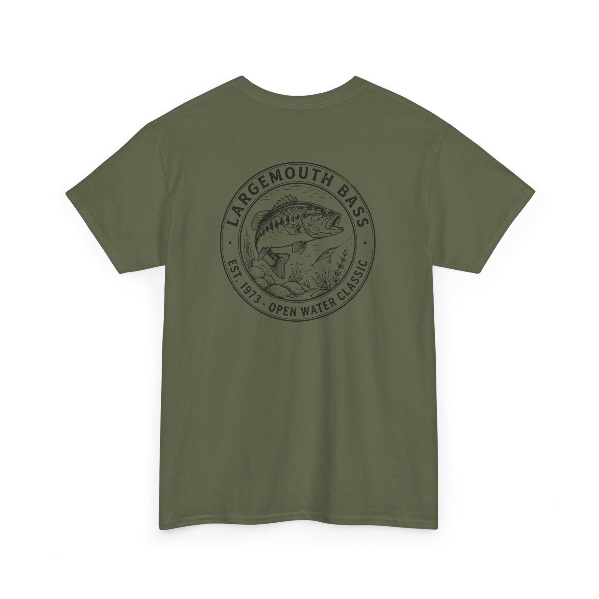 Green t-shirt with largemouth bass graphic and text on a white background