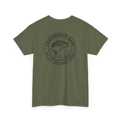 Green t-shirt with largemouth bass graphic and text on a white background