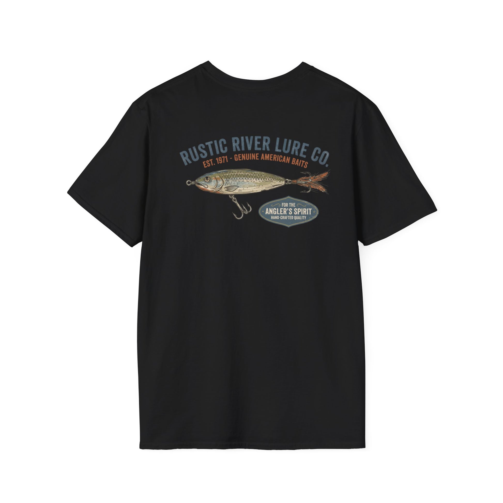 Vintage trout fishing t-shirt in black with back graphic
