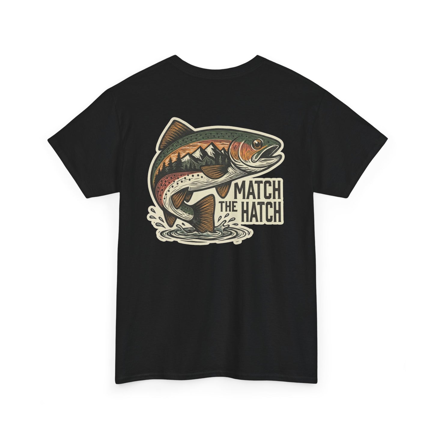 Trout fishing t-shirt lifestyle image with Match the Hatch graphic