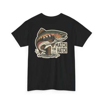 Trout fishing t-shirt lifestyle image with Match the Hatch graphic