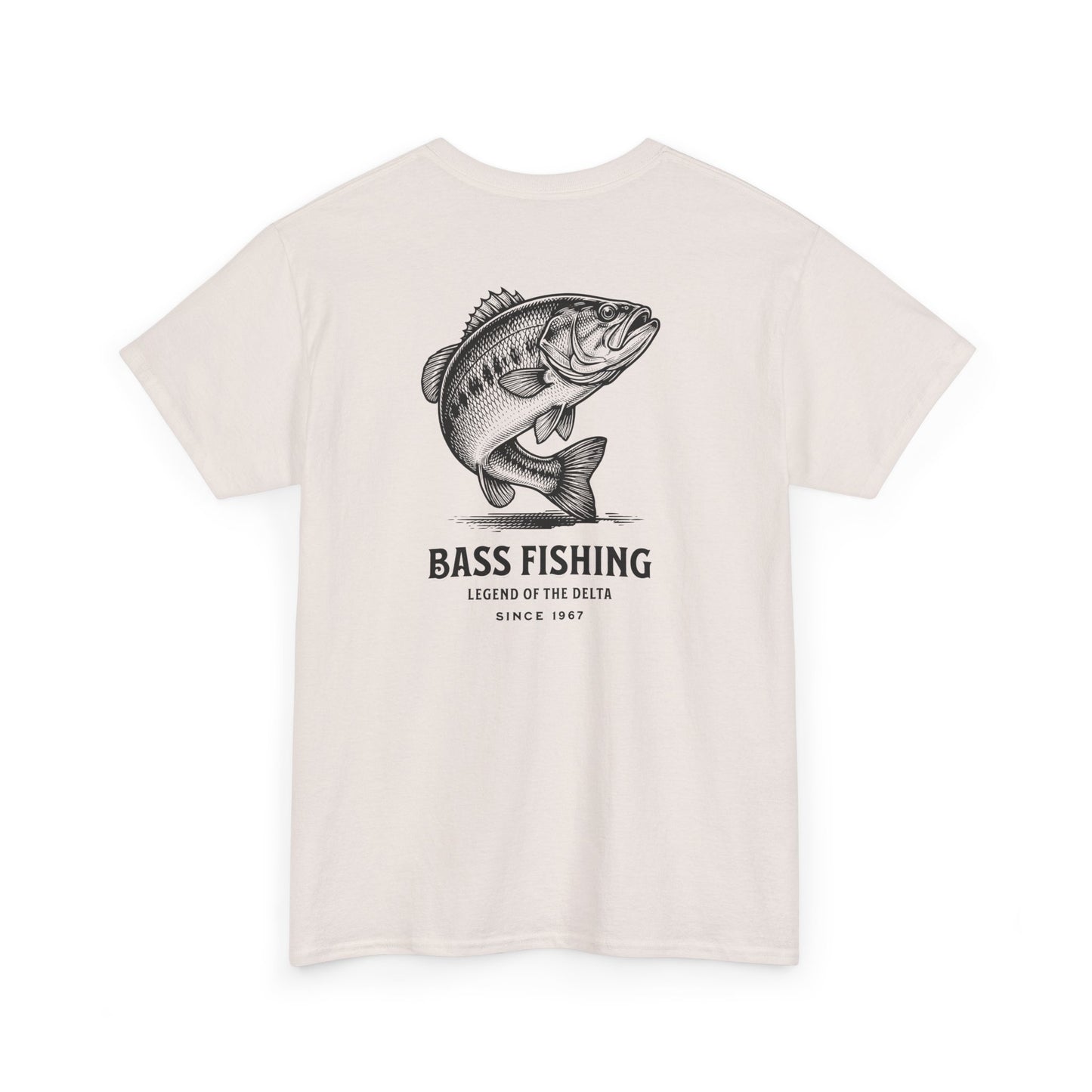 Beige t-shirt with bass fishing graphic and text on a white background