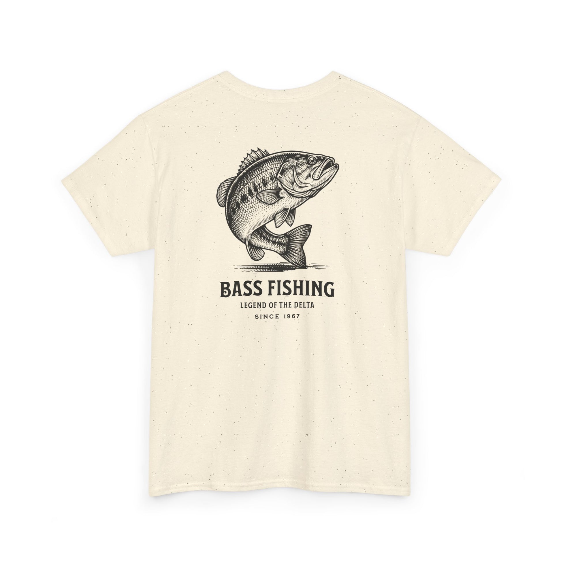 Beige t-shirt with a bass fishing graphic and text on a white background