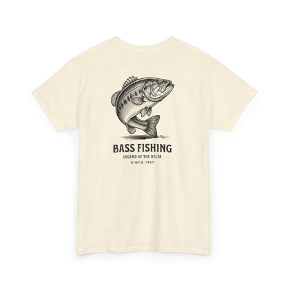 Beige t-shirt with a bass fishing graphic and text on a white background