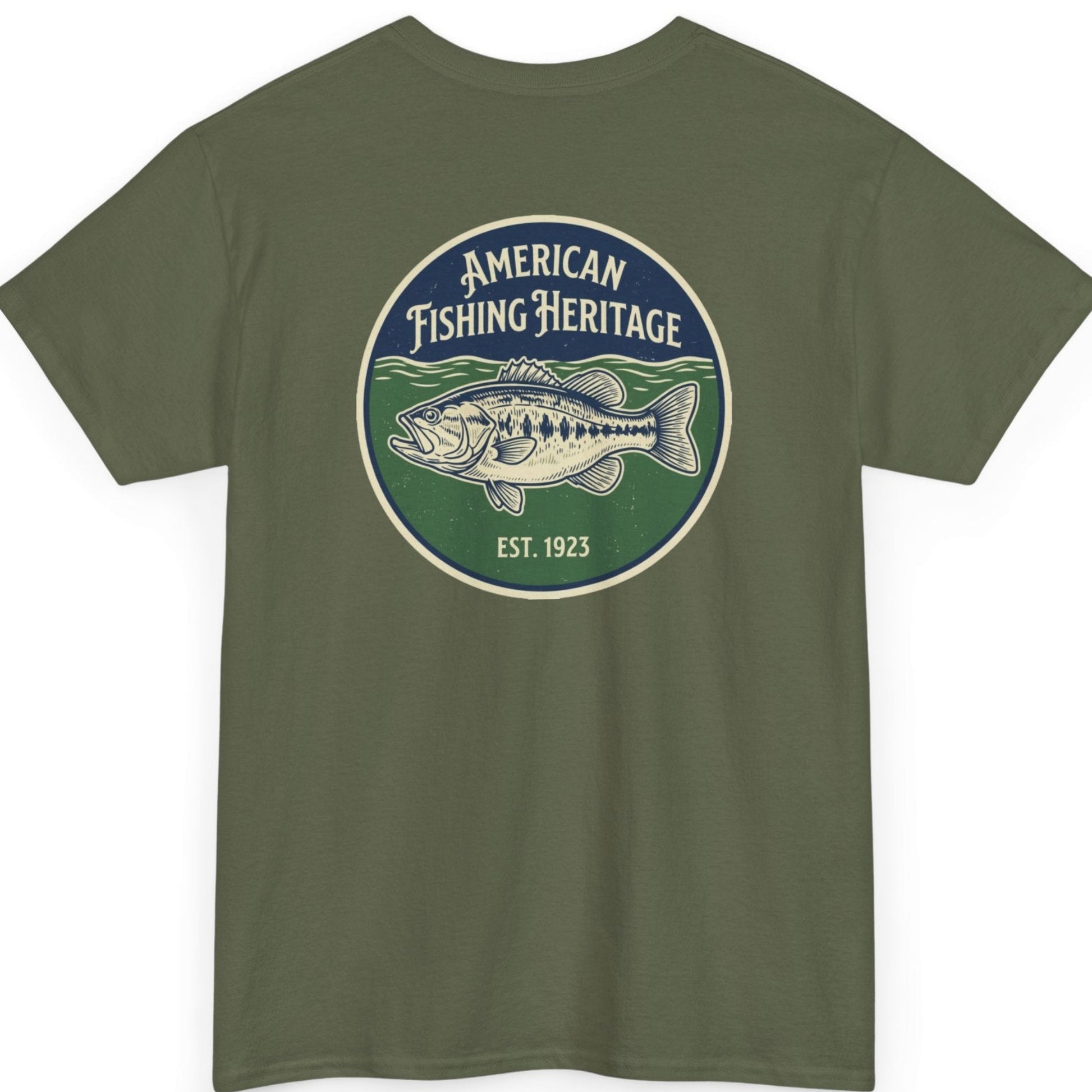 military green bass fishing shirt back graphic