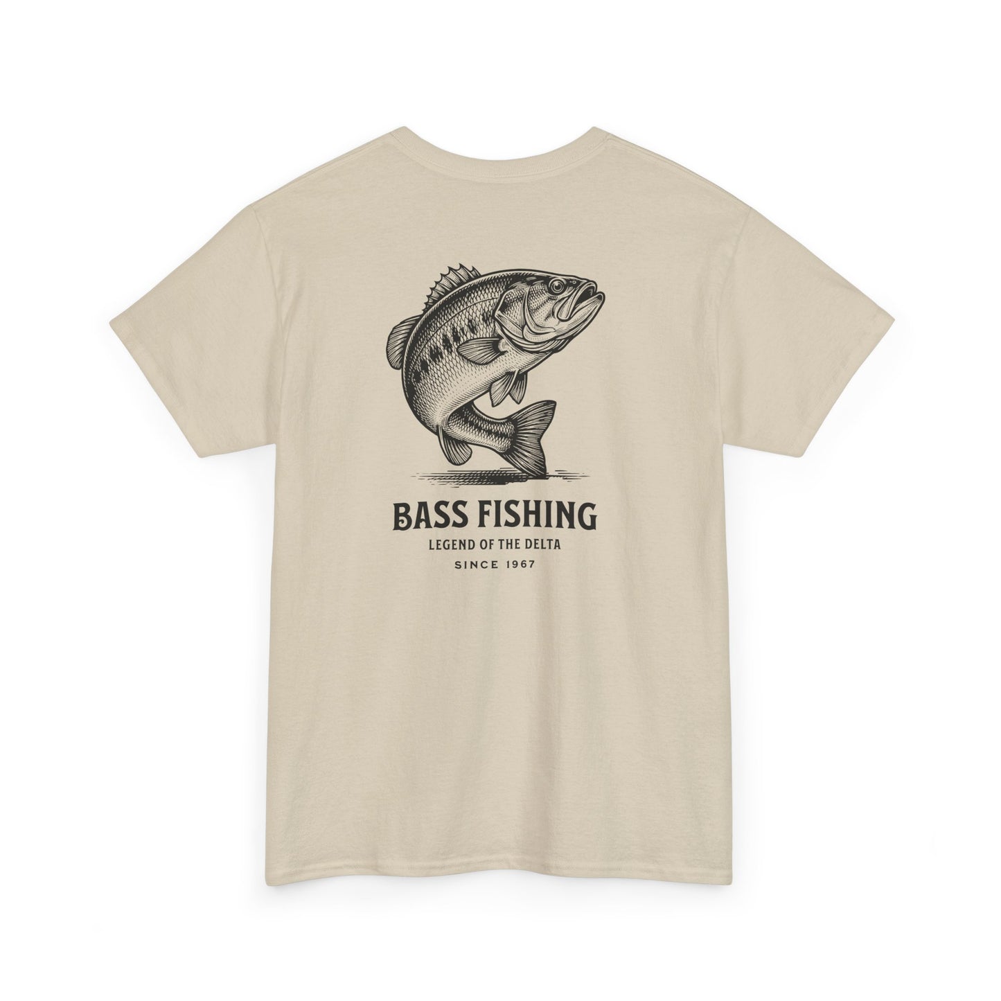 Beige t-shirt with a bass fishing graphic and text on a white background