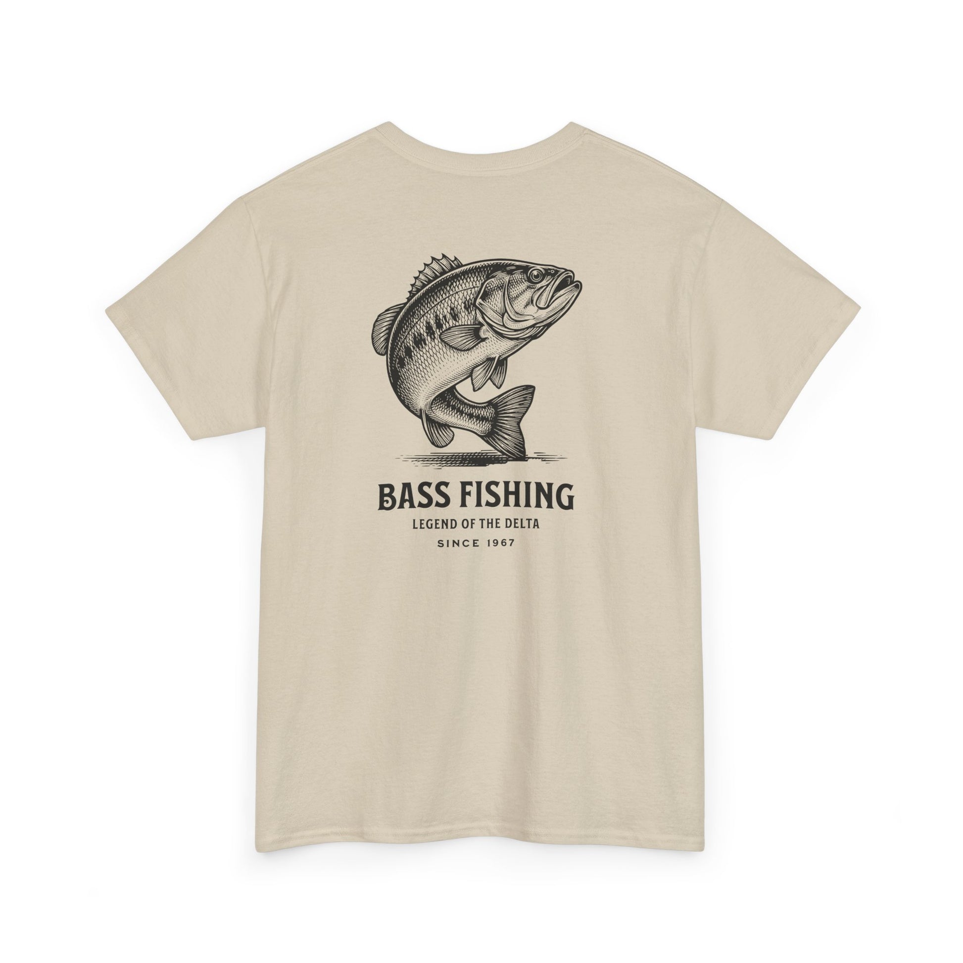 Beige t-shirt with a bass fishing graphic and text on a white background