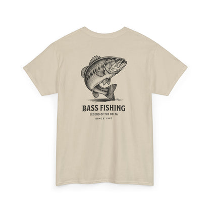 Beige t-shirt with a bass fishing graphic and text on a white background