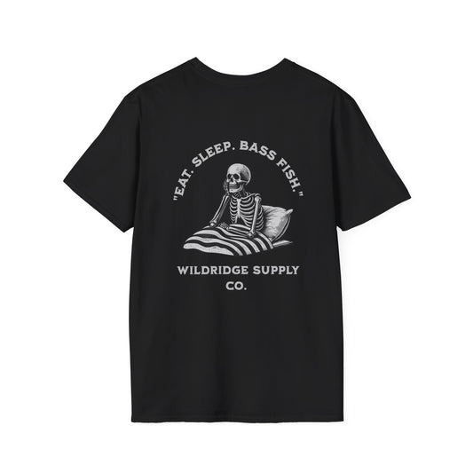 skeleton angler graphic on bass fishing t-shirt