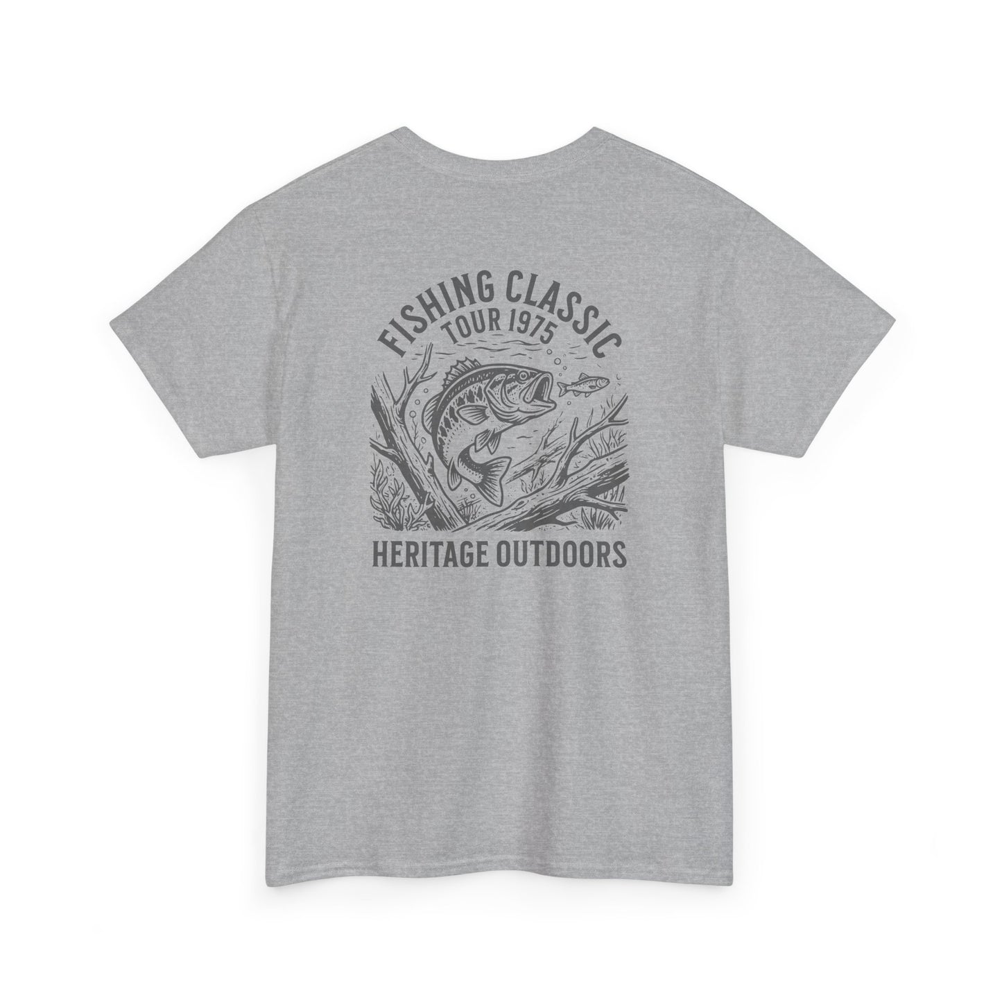 Gray t-shirt with fishing graphic and text on a white background