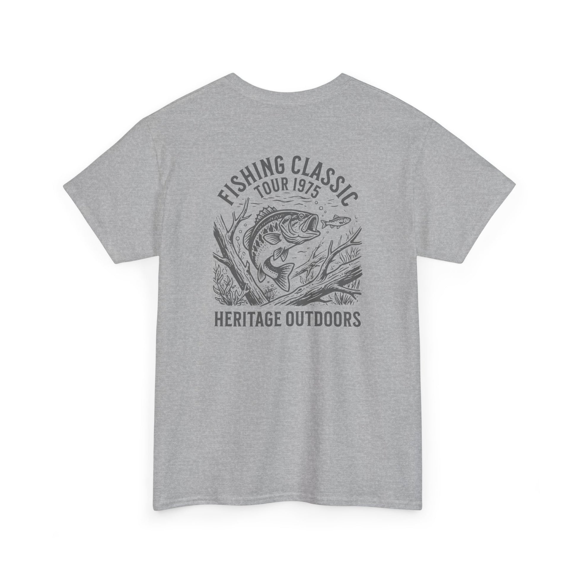 Gray t-shirt with fishing graphic and text on a white background