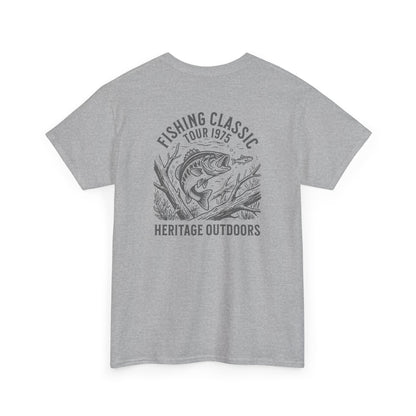 Gray t-shirt with fishing graphic and text on a white background