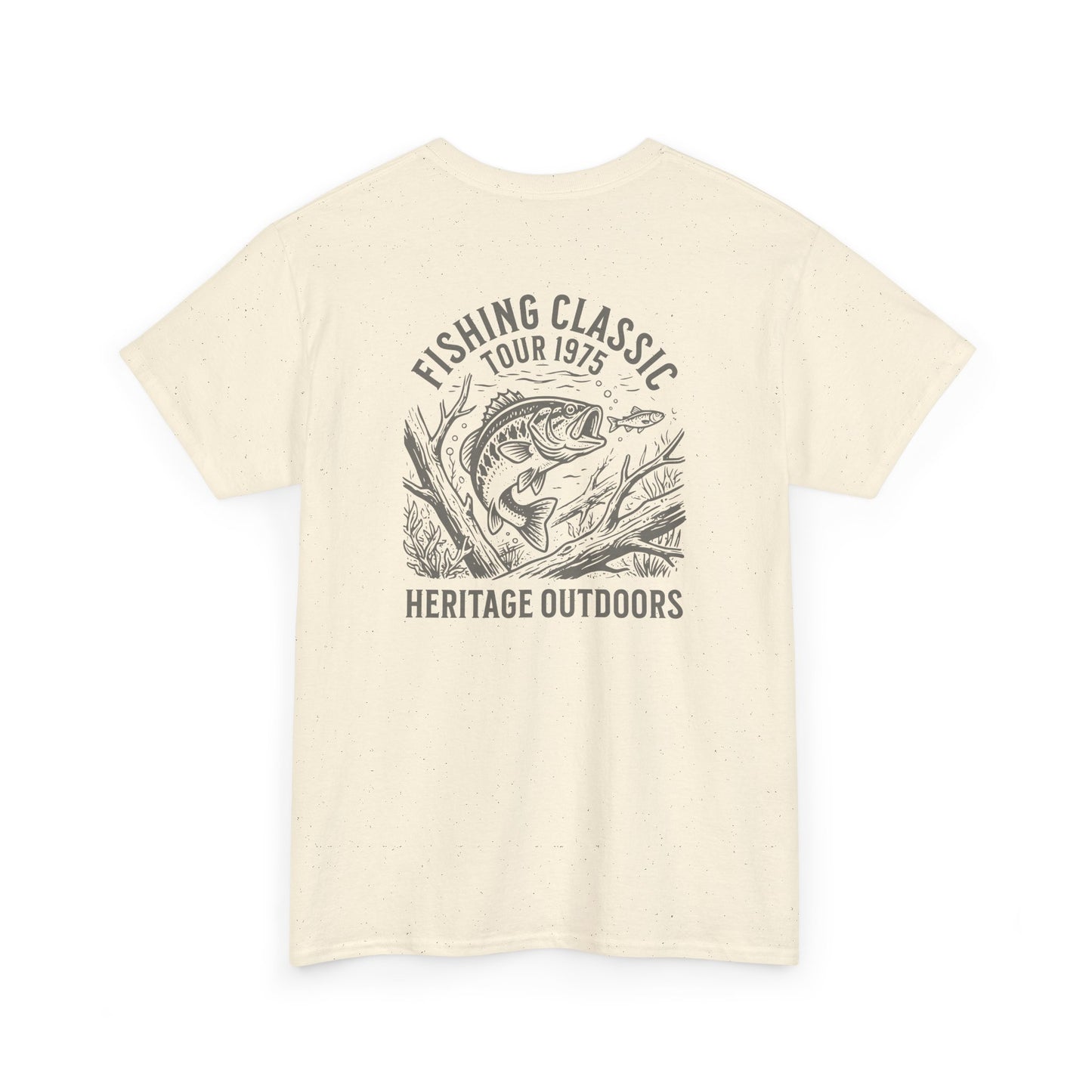 Beige t-shirt with bass fishing graphic and text on a white background