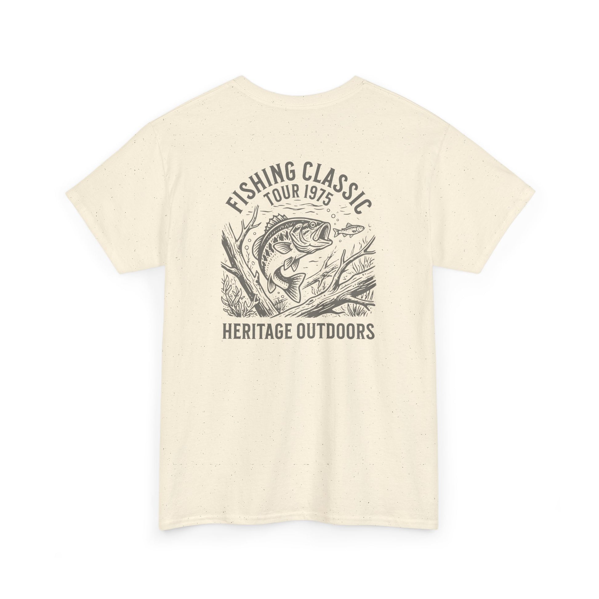 Beige t-shirt with bass fishing graphic and text on a white background