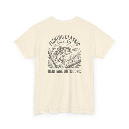 Beige t-shirt with bass fishing graphic and text on a white background