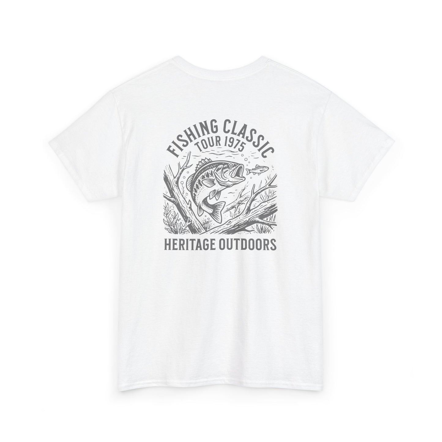White t-shirt with fishing graphic and text on a white background