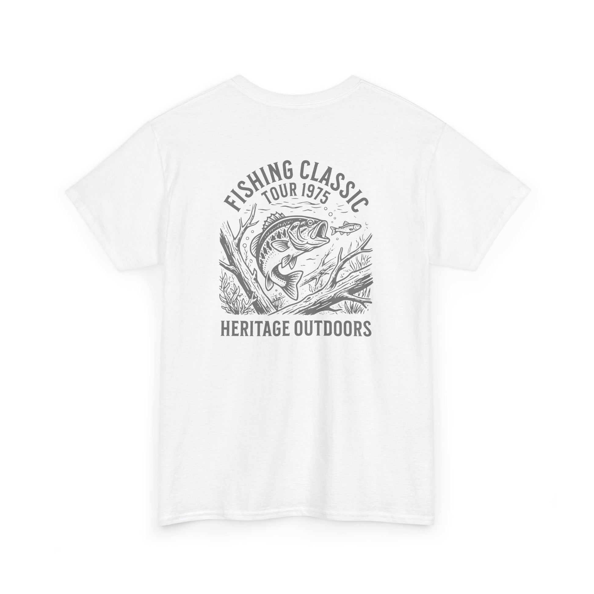 White t-shirt with fishing graphic and text on a white background