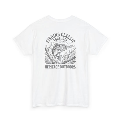 White t-shirt with fishing graphic and text on a white background