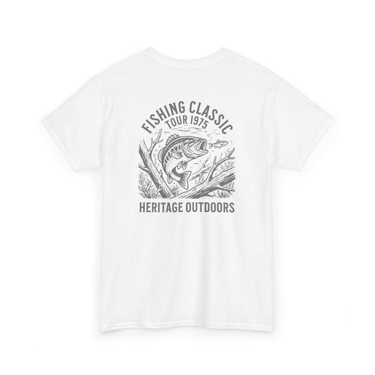 White t-shirt with fishing graphic and text on a white background