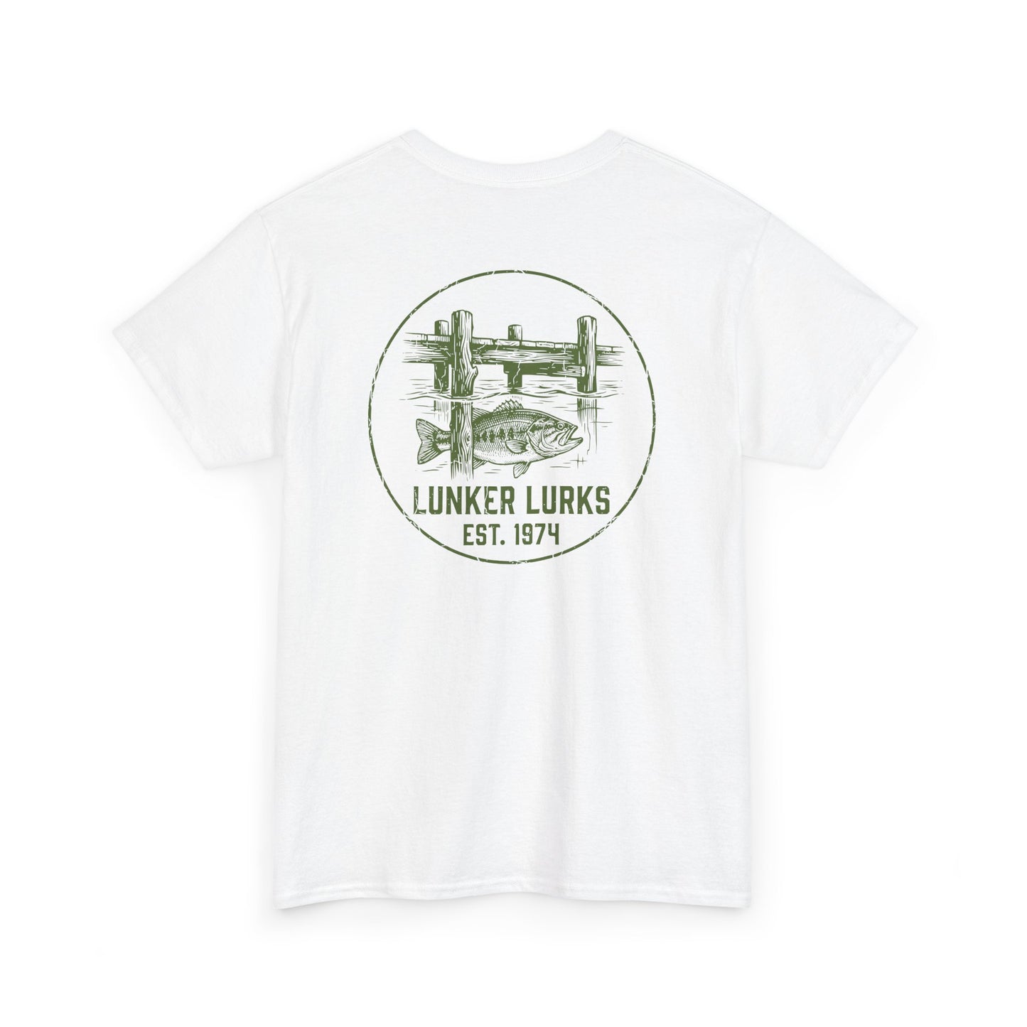 Fishing t-shirt back print dock and lure illustration