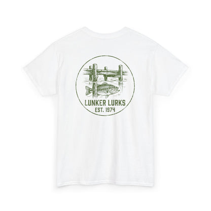 Fishing t-shirt back print dock and lure illustration