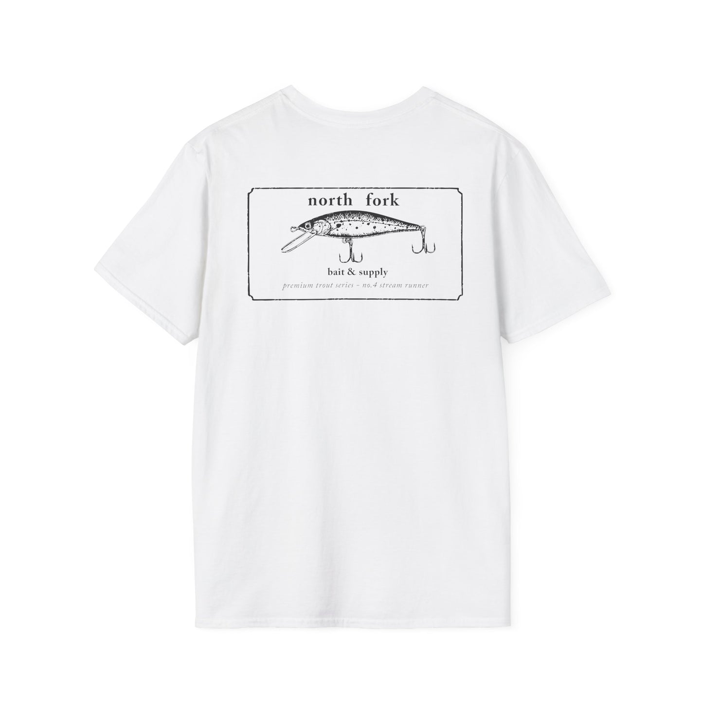 North Fork trout lure t-shirt with vintage bait graphic on back and chest logo on front