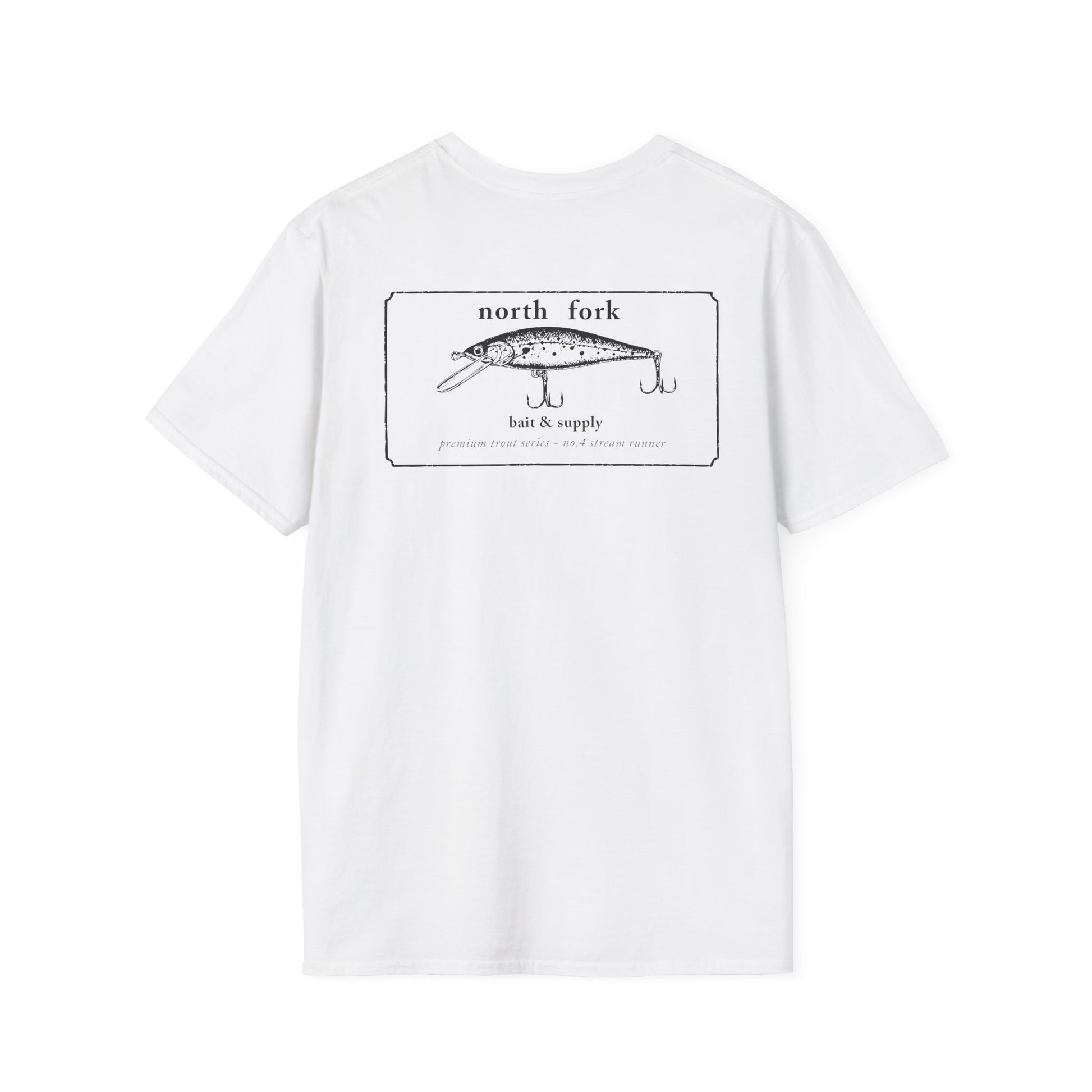 North Fork trout lure t-shirt with vintage bait graphic on back and chest logo on front