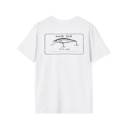North Fork trout lure t-shirt with vintage bait graphic on back and chest logo on front